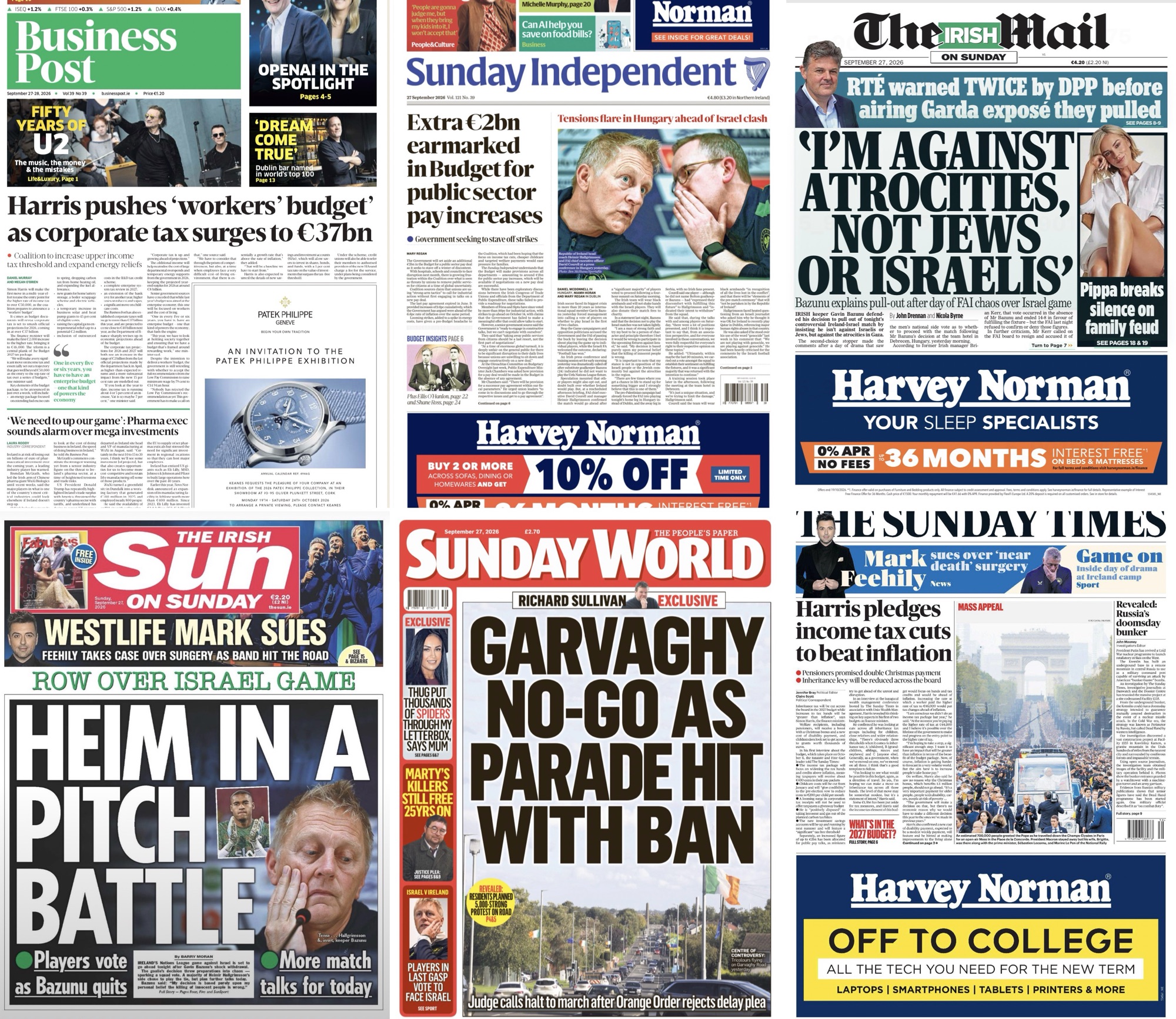 Irish Sunday newspaper #frontpages for Sept 27th